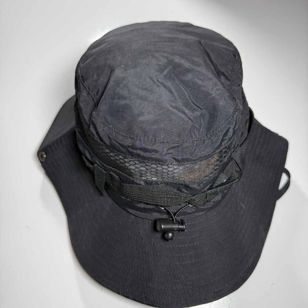 Black Wide-Brim Outdoor Boonie Sun Hat Adjustable Chin Cord Mesh Ventilation
